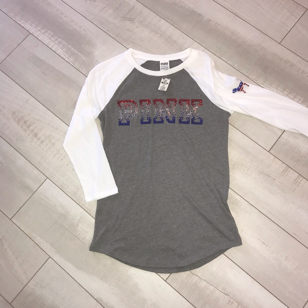 NEW BLING XS Extra Small 3/4 Sleeve Patriotic Victoria’s Secret PINK Tee